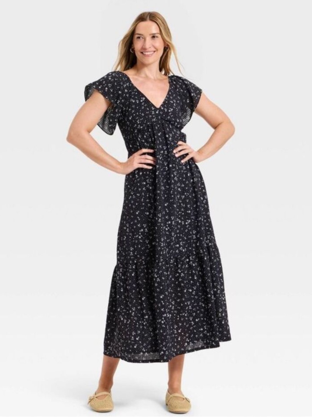 Black Floral V-Neck Tiered Cottagecore Maxi Dress